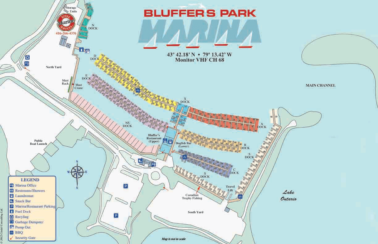 map of the boat slips available for rent at Bluffers Park Marina, Toronto's only full service marina